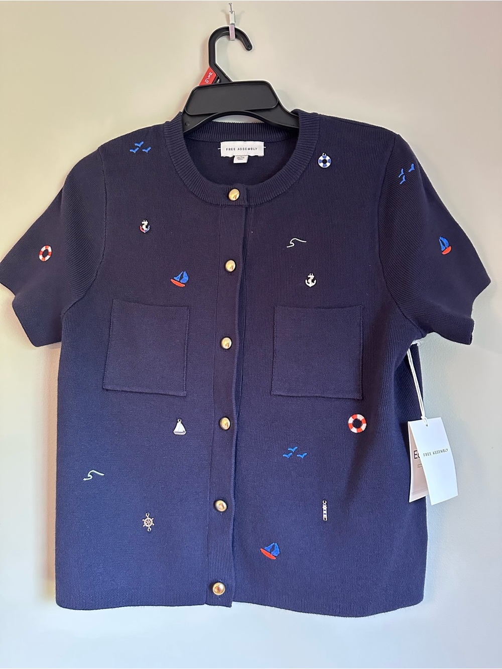 Free Assembly Navy Embroidered Short-Sleeve Cardigan with Gold Buttons